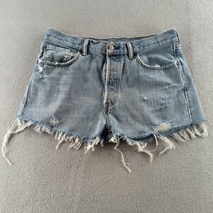 Levis 501 Jean Shorts 33 (Fits 32) Blue Light Wash Distressed Cut Off Jorts
